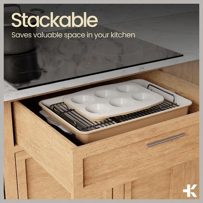 Bakken 8-Piece Stackable Bakeware Set - Ceramic Non-Stick Coating, Baking Sheets, Assorted Baking Pans, PTFE, PFOA & PFOS Free - Healthy Baking, Ergonomic Handles, Cooling Rack, Non-Toxic, Oven-Safe