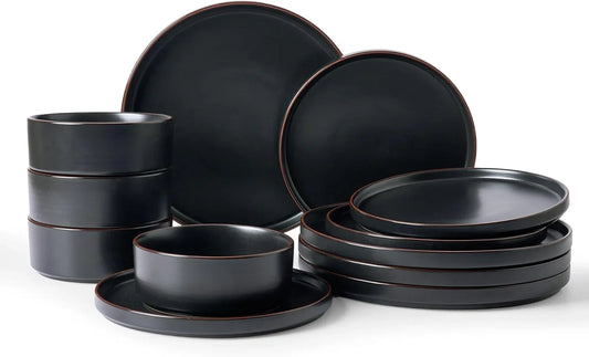 Nebula Ridge Stoneware Dinnerware Sets, Plates and Bowls Sets for 4, 12 Pieces Dishes Set, Microwave and Dishwasher Safe Kitchen Plates, Matte Black