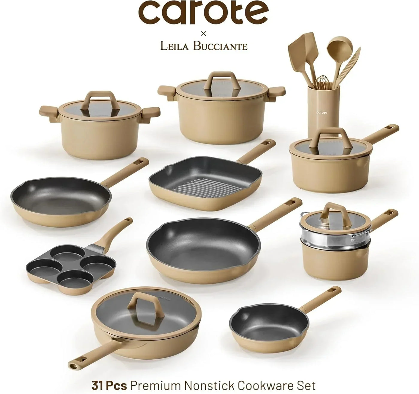 Beige nonstick cookware set with pots, pans, utensils, and lids for kitchen cooking.
