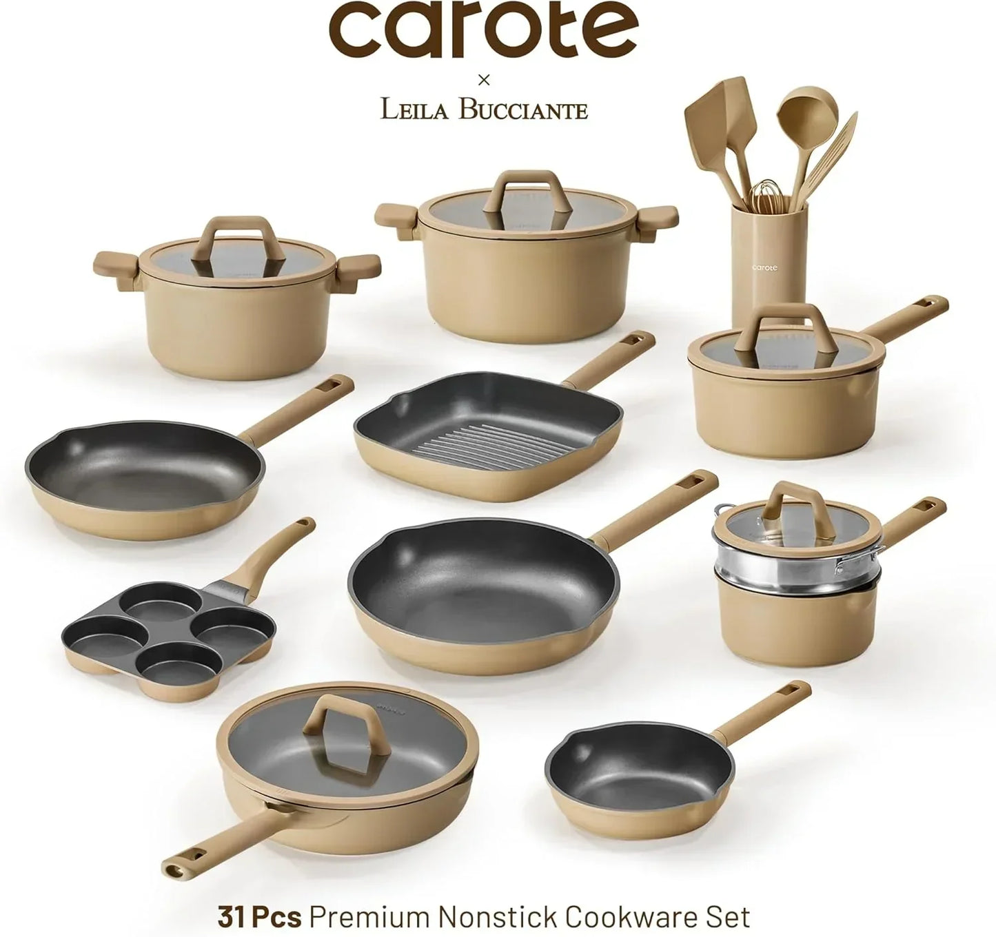 Beige nonstick cookware set with pots, pans, utensils, and lids for kitchen cooking.