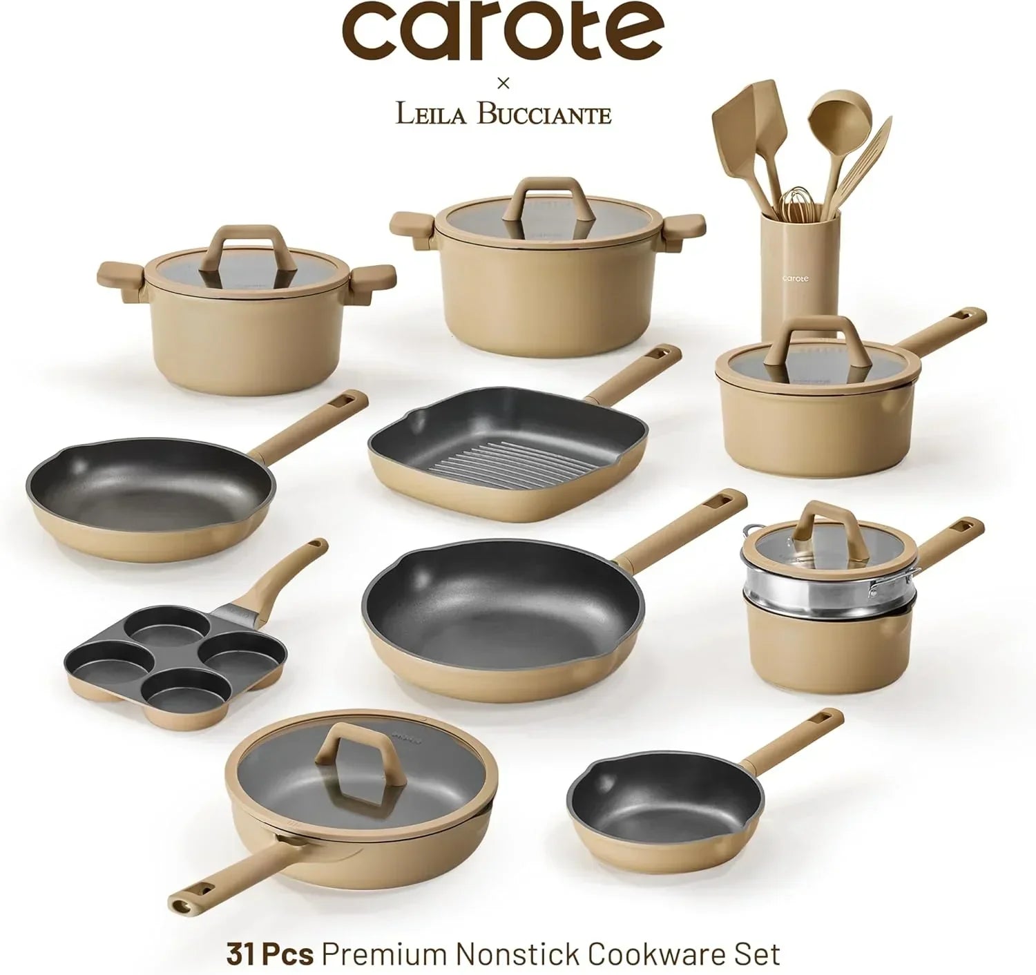 Beige nonstick cookware set with pots, pans, utensils, and lids for kitchen cooking.