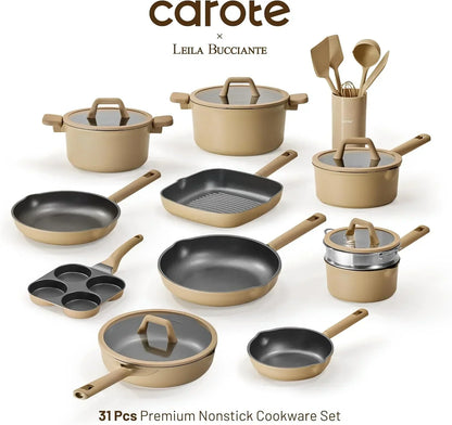 Beige nonstick cookware set with pots, pans, utensils, and lids for kitchen cooking.