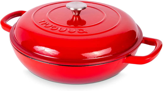 Shallow Cast Iron Casserole with Lid – Non Stick Dutch Oven Pot, Oven Safe up to 500° F – Sturdy Ovenproof Stockpot Cookware – Enamelled Cooking Pot – Red, 5-Quart, 32Cm – by