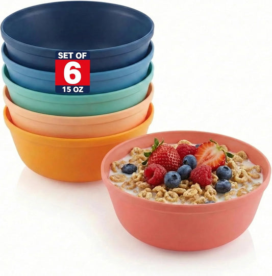 Plastic Bowls Set of 6 – 15Oz Multipurpose Deep Plates Salad and Pasta Bowls Ideal for Home, Kids, Parties – Stackable Bowl for Kitchen – Non-Bpa and Food Grade – Cute Colors