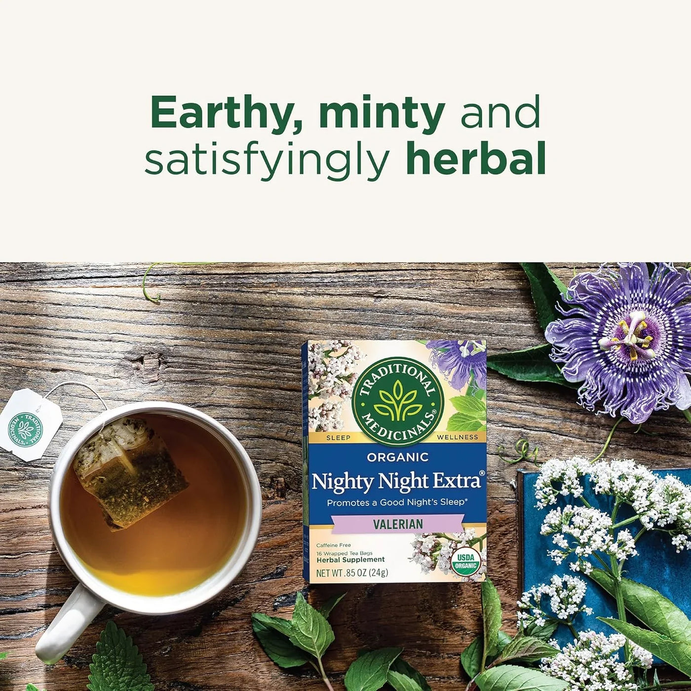 Organic Nighty Night Extra Tea with Valerian Root for Relaxation, 16 Tea Bags (Pack of 1)