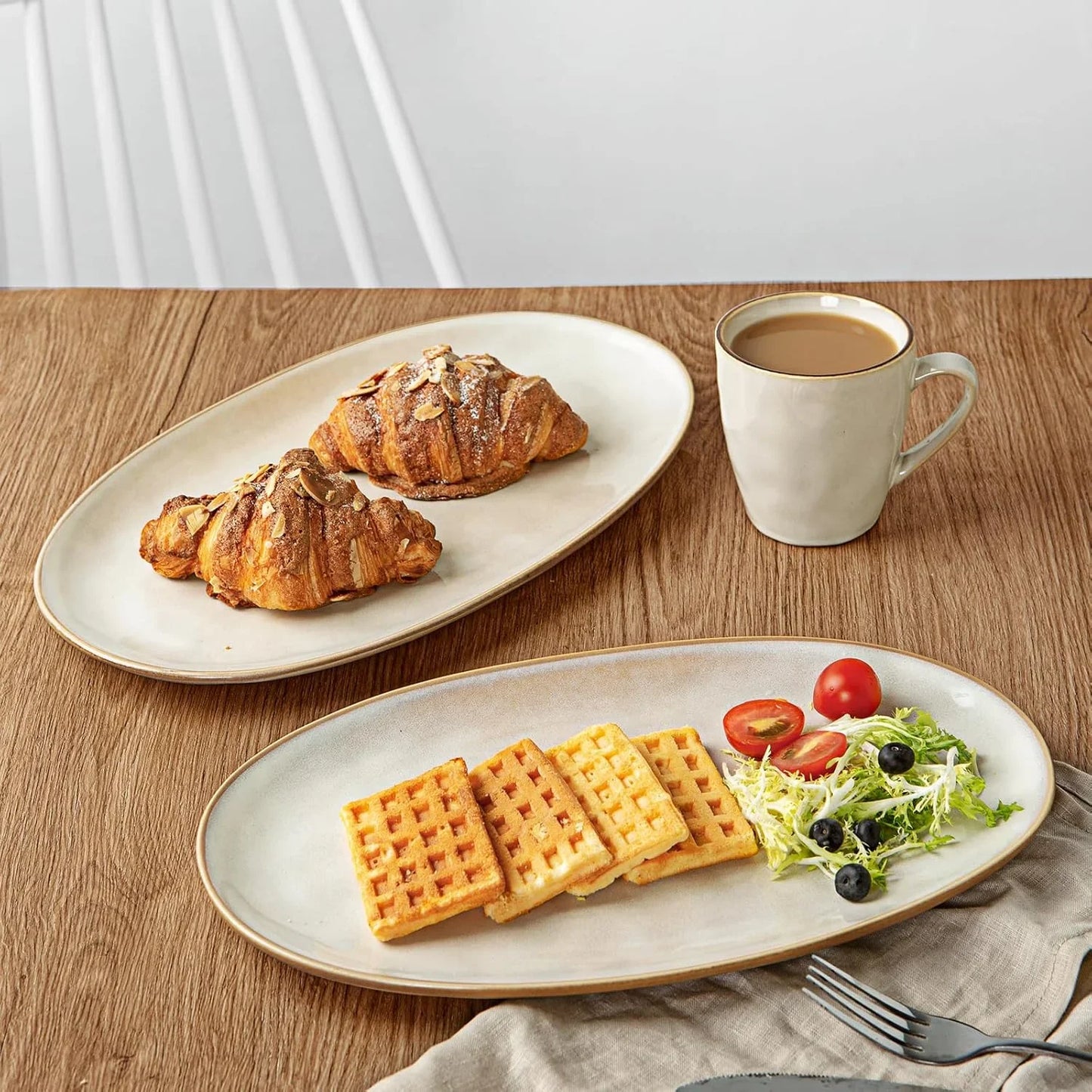 Serving Platter, Oval 15.59/14.3/12.9 Inch Serving Dishes for Entertaining, Serving Bowls, Microwave Safe, Stonware Serving Trays for Party, Turkey, Cheese, Ocean Series, Cappuccino White