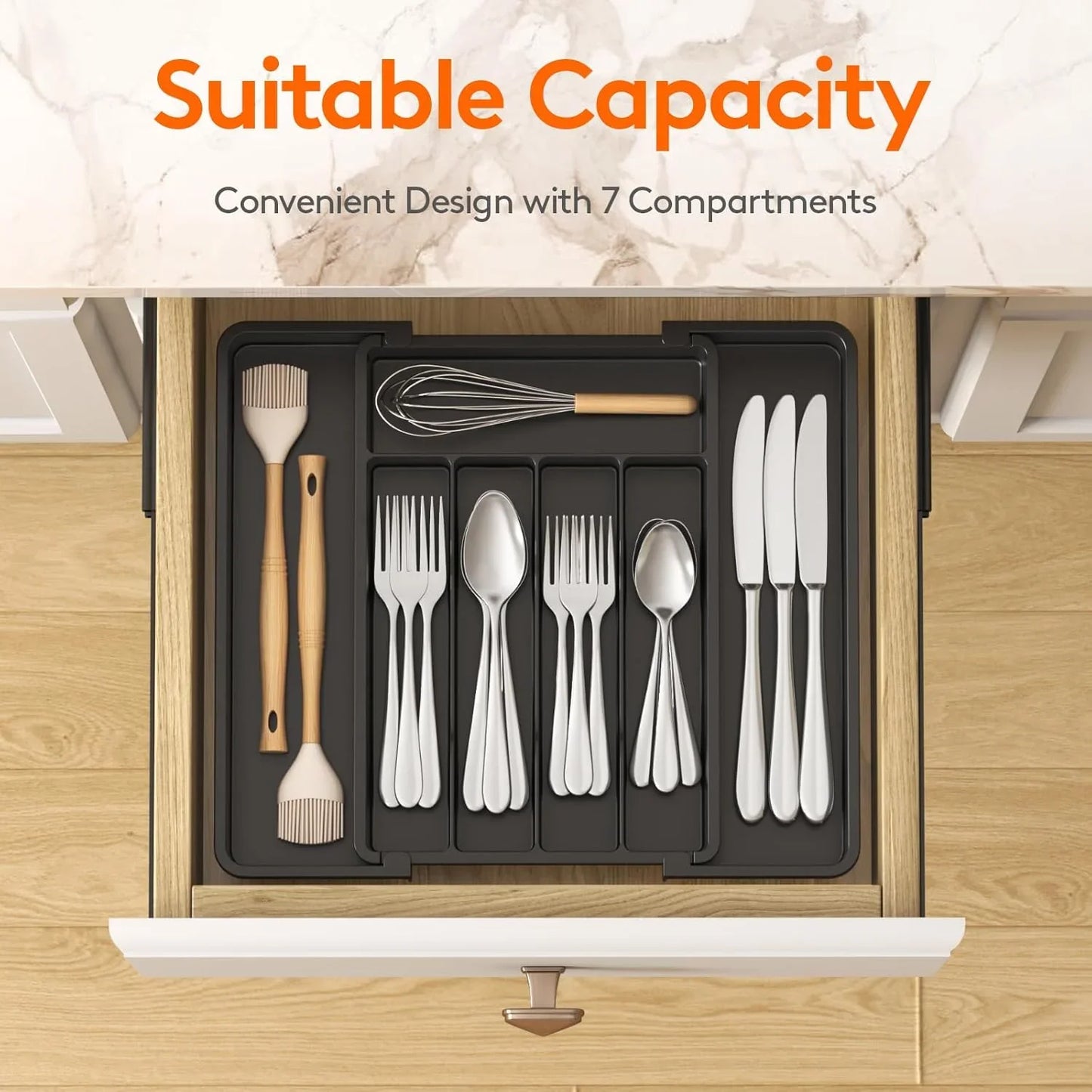 Silverware Drawer Organizer, Expandable Utensil Tray for Kitchen, BPA Free Flatware and Cutlery Holder, Adjustable Plastic Storage for Spoons Forks Knives, 8.5-14 X 12", Black