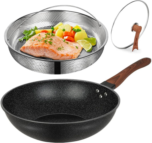 Nonstick Wok with Lid, 13 Inch Woks & Stir-Fry Pan, Granite Stone Coating for Cooking, Induction Wok Pan for Electric, Gas, Halogen, All Stoves, 100% PFOA Free