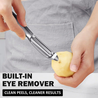 Peeling potato with built-in eye remover peeler for clean, efficient kitchen prep