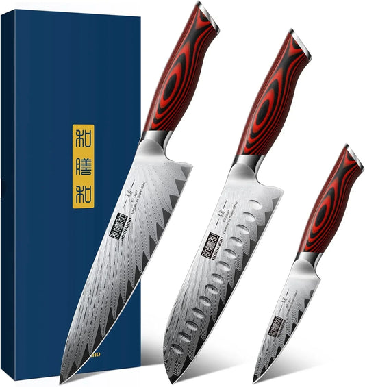 3 Pieces Damascus Kitchen Knife Set Ultra-Sharp Knives Set, Professional Chef Knife Set with G10 Ergonomic Handle,Gift Box