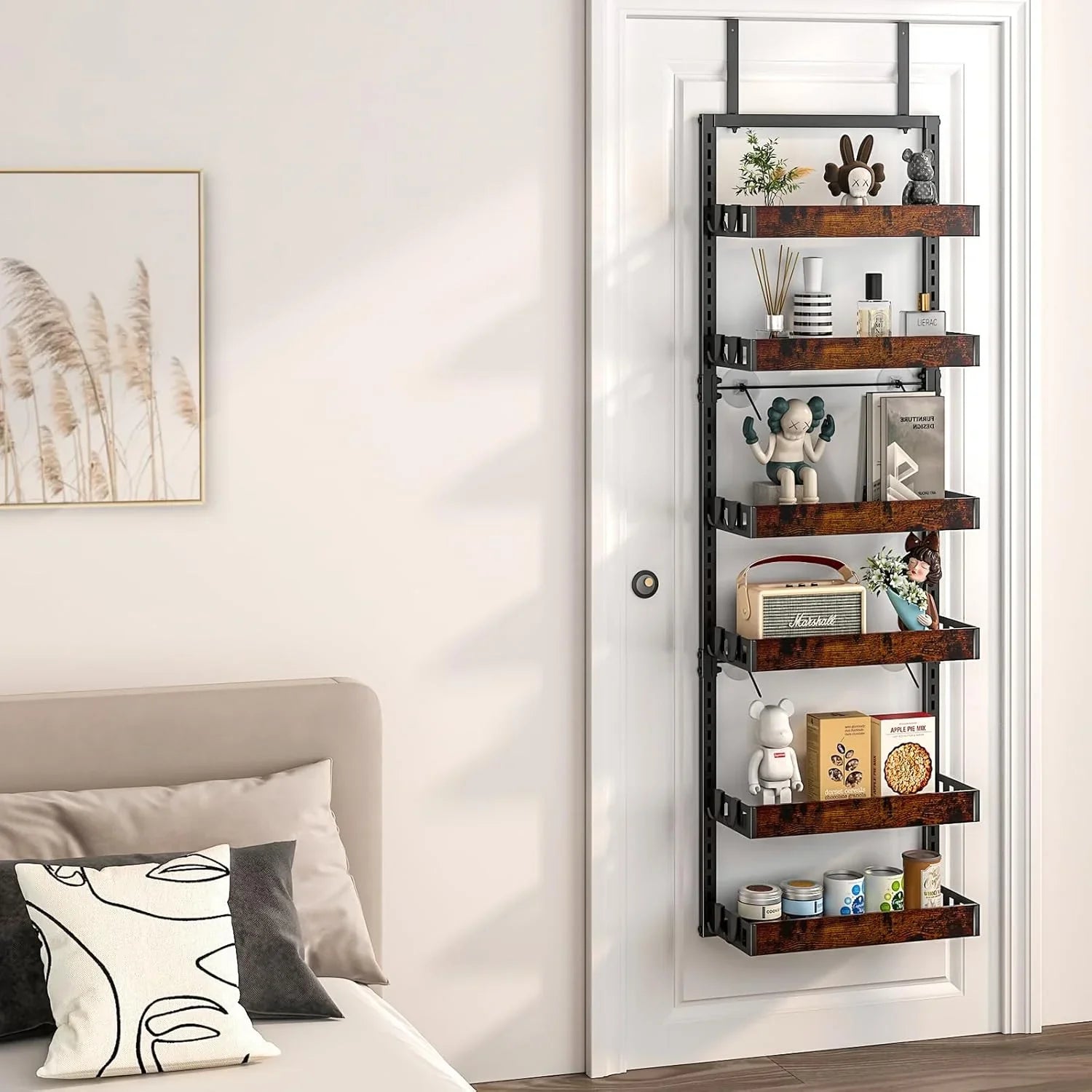 over the Door Pantry Organizer, 6-Tier Adjustable Wooden Basket Kitchen Pantry Door Organization and Storage, Heavy-Duty Metal Hanging Kitchen Spice Rack, D6.3 X W17.71 X H50.60 Inch, 1 Pack