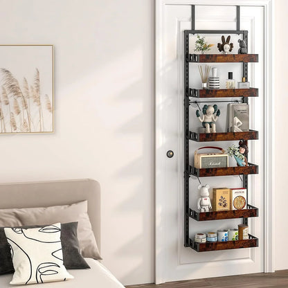 over the Door Pantry Organizer, 6-Tier Adjustable Wooden Basket Kitchen Pantry Door Organization and Storage, Heavy-Duty Metal Hanging Kitchen Spice Rack, D6.3 X W17.71 X H50.60 Inch, 1 Pack
