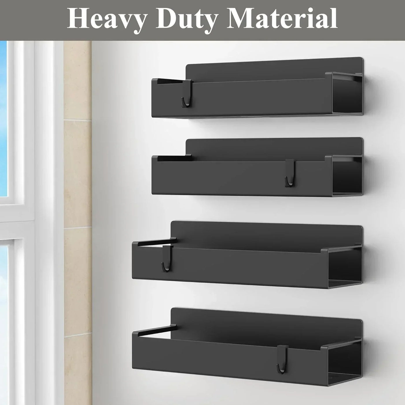 Set of four black heavy duty wall-mounted kitchen storage shelves with hooks