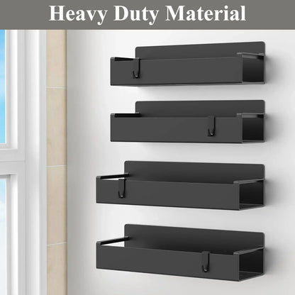 Set of four black heavy duty wall-mounted kitchen storage shelves with hooks
