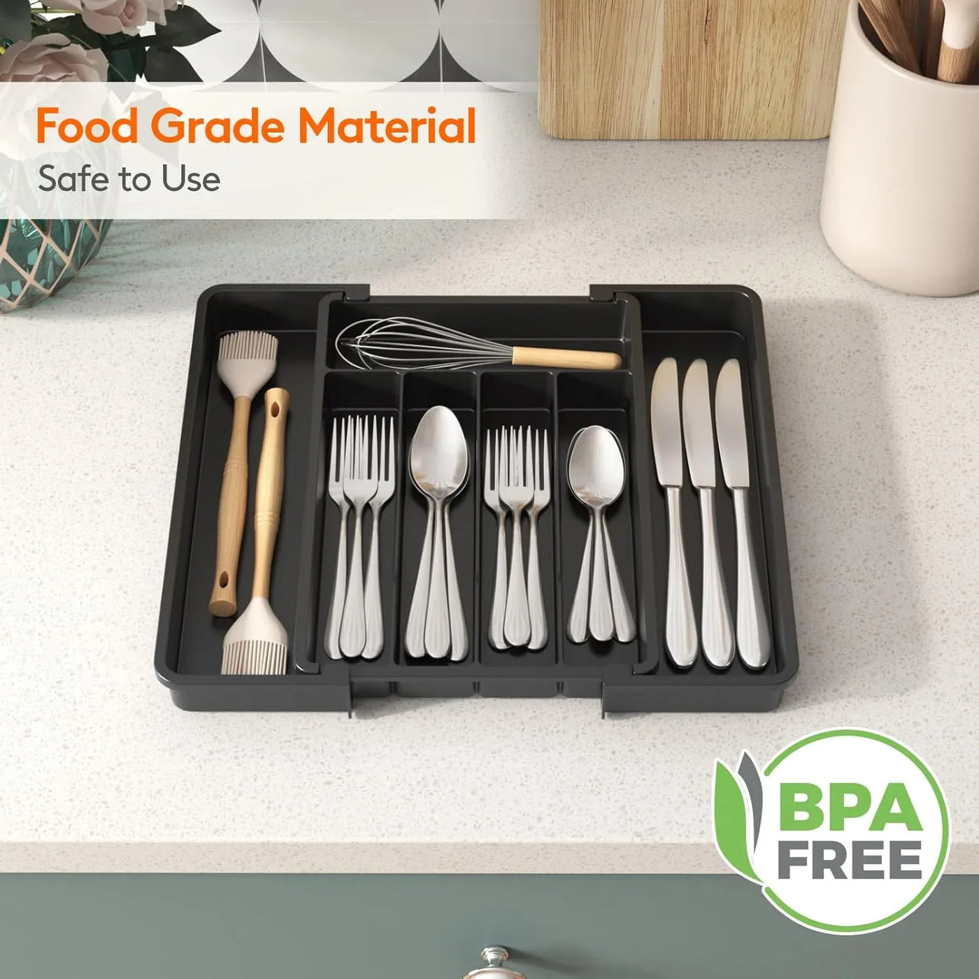 Silverware Drawer Organizer, Expandable Utensil Tray for Kitchen, BPA Free Flatware and Cutlery Holder, Adjustable Plastic Storage for Spoons Forks Knives, 8.5-14 X 12", Black