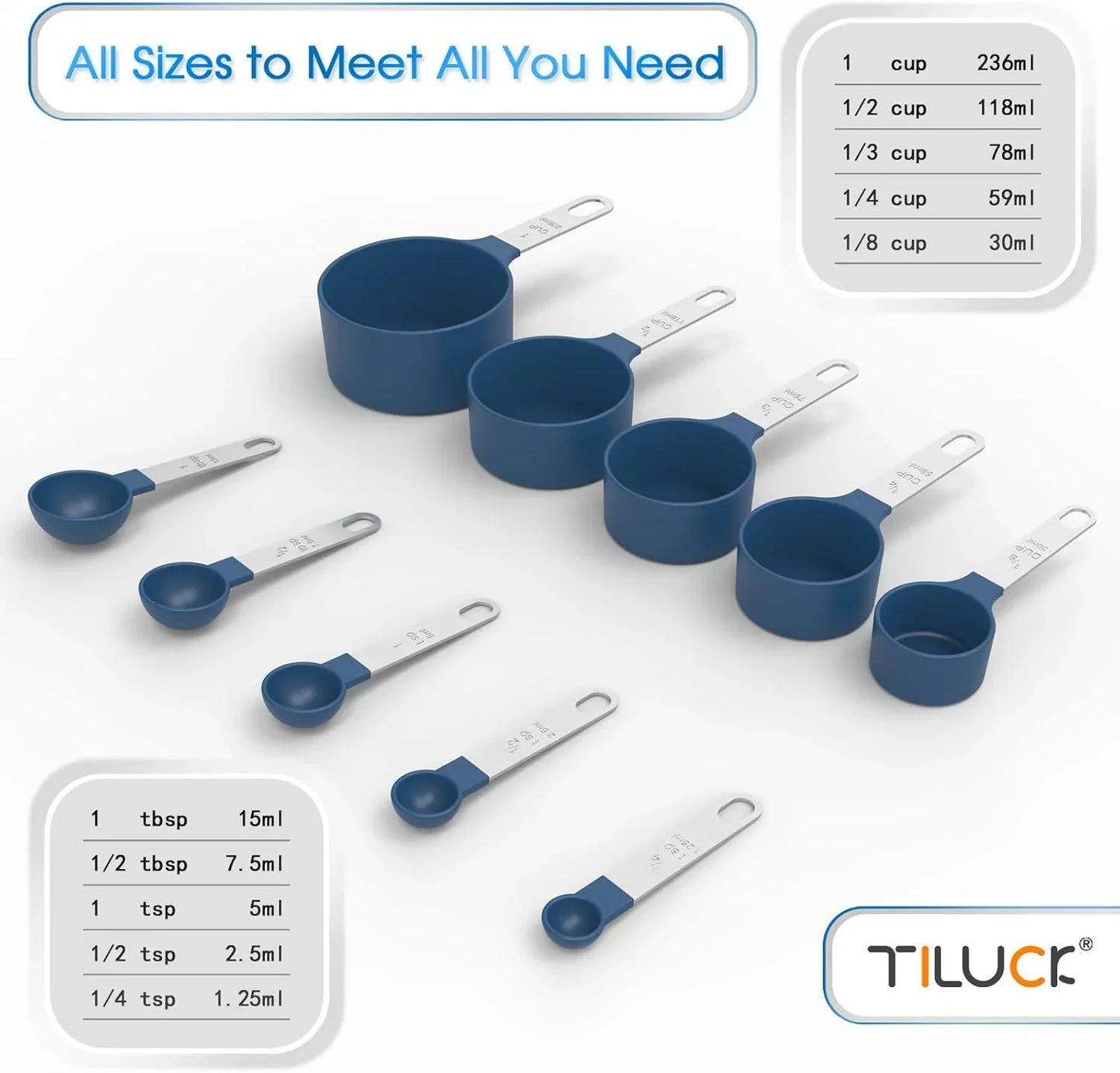 Measuring Cups & Spoons Set, Stackable Cups and Spoons, Nesting Measure Cups with Stainless Steel Handle, Kitchen Gadgets for Cooking & Baking (Blue)