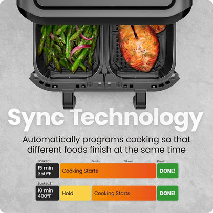 6 Quart Dual Basket Air Fryer Oven with Easy View Windows, Sync Finish, Hi-Fry, Auto Shutoff, 2 Independent 3Qt Nonstick Dishwasher Safe Frying Baskets, Digital Double Air Fryer - Black