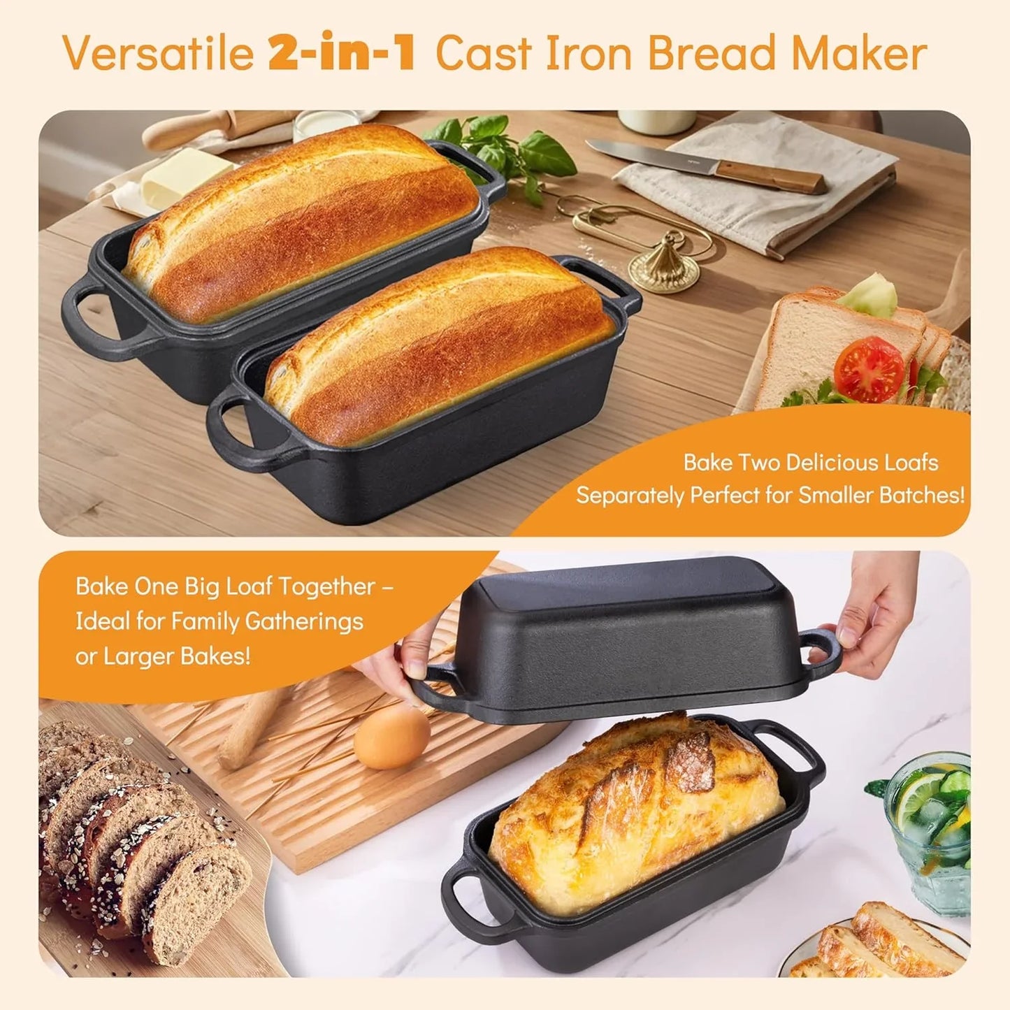 Grmimosa 2 in 1 Cast Iron Bread Loaf Pan with Lid, Loaf Pans for Baking Bread 9X5 Inch, Even Heat Distribution for Meatloaf, Homemade Bread