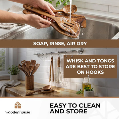 Wooden Spoons for Cooking 13 Pcs – Sturdy & Easy to Clean, Natural Teak Wooden Utensil Set – Non-Scratch Wood Kitchen Utensils Set with Spatula, Ladle, Spoons, Tongs, Whisk, Holder, Spoon Rest & Hooks