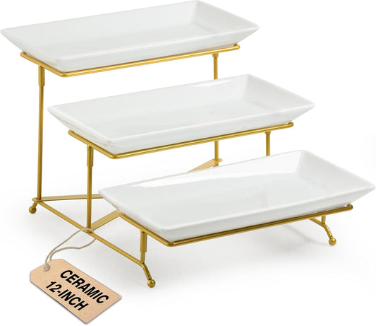 3 Tier Serving Tray, Porcelain Serving Platter Tier Serving Stand with Collapsible Sturdier Rack, Serving Trays and Platters Dessert Party Display Set for Mother'S Day, Gold, 12 Inch