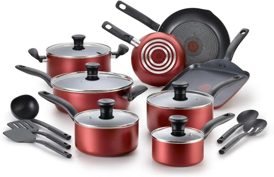 Initiatives Nonstick Cookware Set 18 Piece, Oven Broiler Safe 350F, Kitchen Cooking Set W/Fry Pans, Saucepans, Saute Pan, Dutch Oven, Griddle, Pots and Pans, Home, Dishwasher Safe, Red