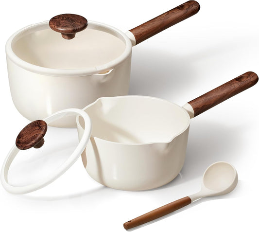 2QT & 3QT Sauce Pan Sets with Lid & Ladle Ceramic Nonstick Pot Set Non Toxic Saucepan Small Kitchen Cooking Pots, Easy to Clean, Induction Comptable, PFAS PTFE Free, White
