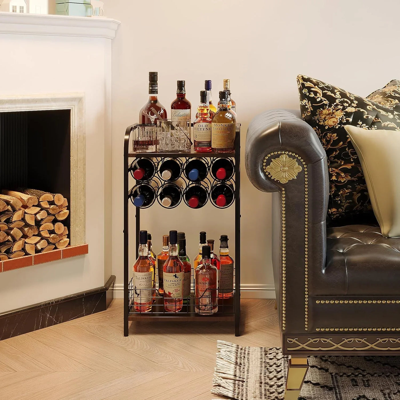 3-Tier Wine Bar Table: Small Liquor Bottle Holder with 8-Bottle Wine Rack Mini Wine Bar Cabinet Corner Whiskey Display Shelf Floor Liquor Storage Bar for Home Living Room