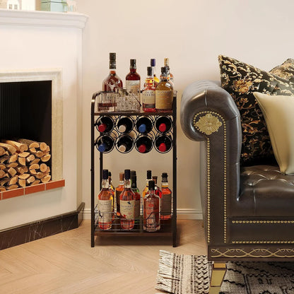 3-Tier Wine Bar Table: Small Liquor Bottle Holder with 8-Bottle Wine Rack Mini Wine Bar Cabinet Corner Whiskey Display Shelf Floor Liquor Storage Bar for Home Living Room