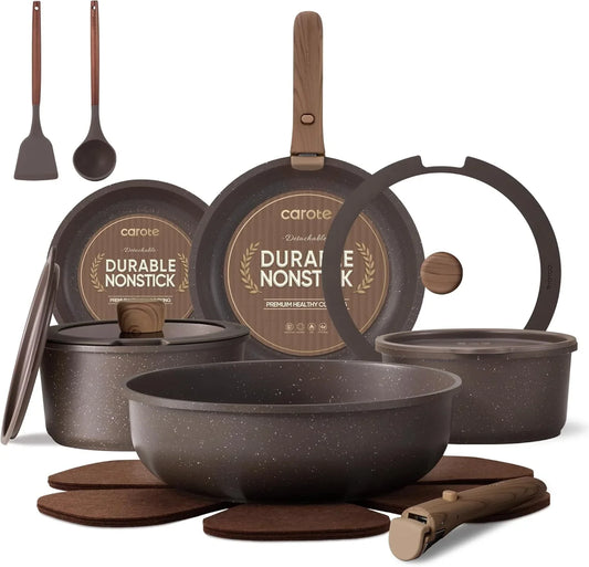 17PCS Pots and Pans Set Non Stick with Detachable Handle, Nonstick Cookware Sets, Cooking Kitchen Set, Oven/Dishwasher Safe, Induction Cookware, Brown, RV Kitchen Pot and Pan