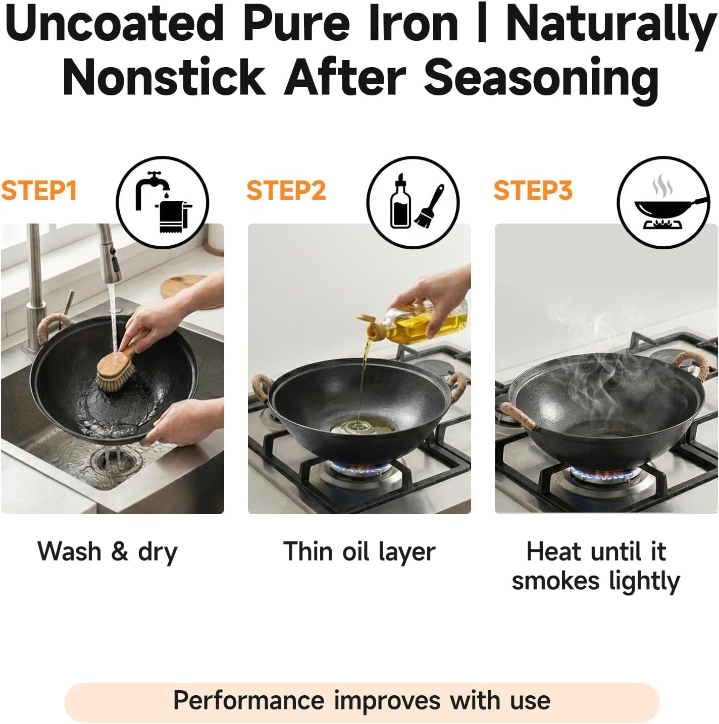 11.8" round Bottom Cast Iron Wok - Small Traditional Pow Wok for Camping & Open Fire - Gas Stove Compatible (Wok Ring Required) - Uncoated Stir Fry Pan with Cleaning Brush