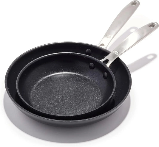 Enhanced 8" and 10" Frying Pan Skillet Set, Healthy Ceramic Nonstick, Pfas-Free, Stainless Steel Handle, Dishwasher Safe, Oven Safe, Black