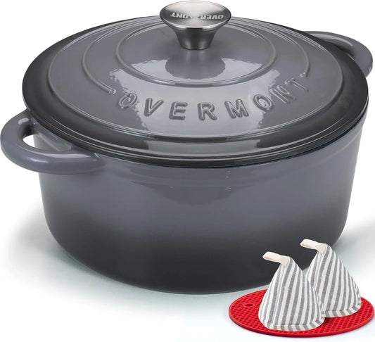Enameled Cast Iron Dutch Oven - 7QT Pot with Lid Cookbook & Cotton Potholders - Heavy-Duty Cookware for Braising, Stews, Roasting, Sourdough Baking Grey