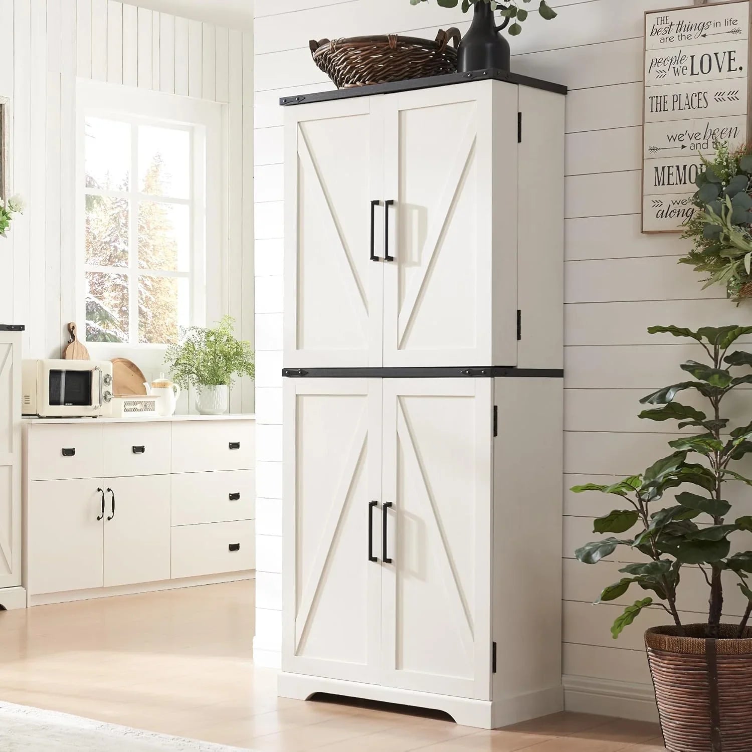 72" Tall Kitchen Pantry, Farmhouse Storage Cabinet with Barn Doors, Organizer, Drawer and Adjustable Shelves, Rustic Wood Cupboard for Kitchen, Dining Room, Bathroom, off White | Barn Doors, Organizer, Drawer, Adjustable Shelves, Cupboard