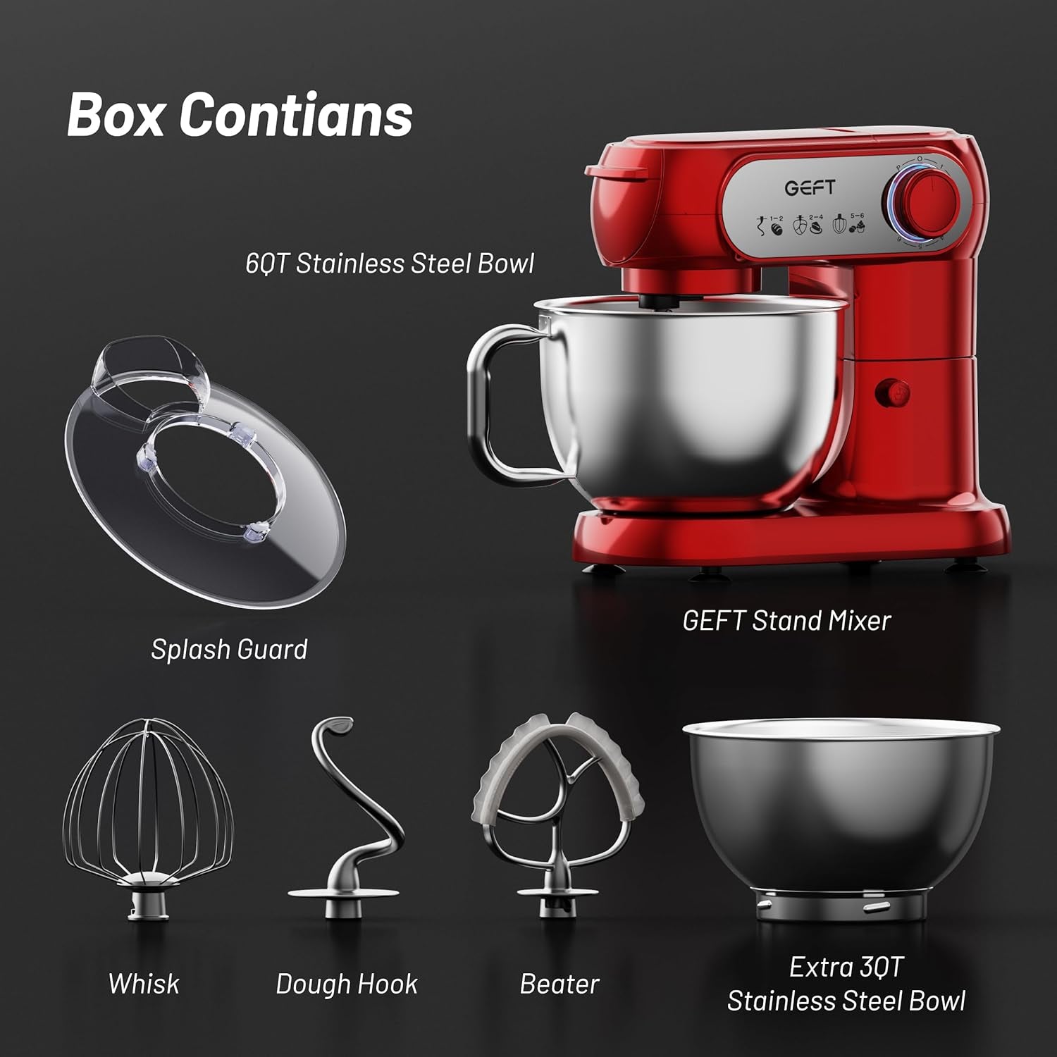 Stand Mixer, 3.5QT+6QT Two Bowls Kitchen Electric Mixer, 600W 6+P Speed Tilt-Head Food Mixer with Stainless Steel Bowl, Dishwasher-Safe Dough Hook, Flat Beater, Wire Whisk, Splash Guard, Red