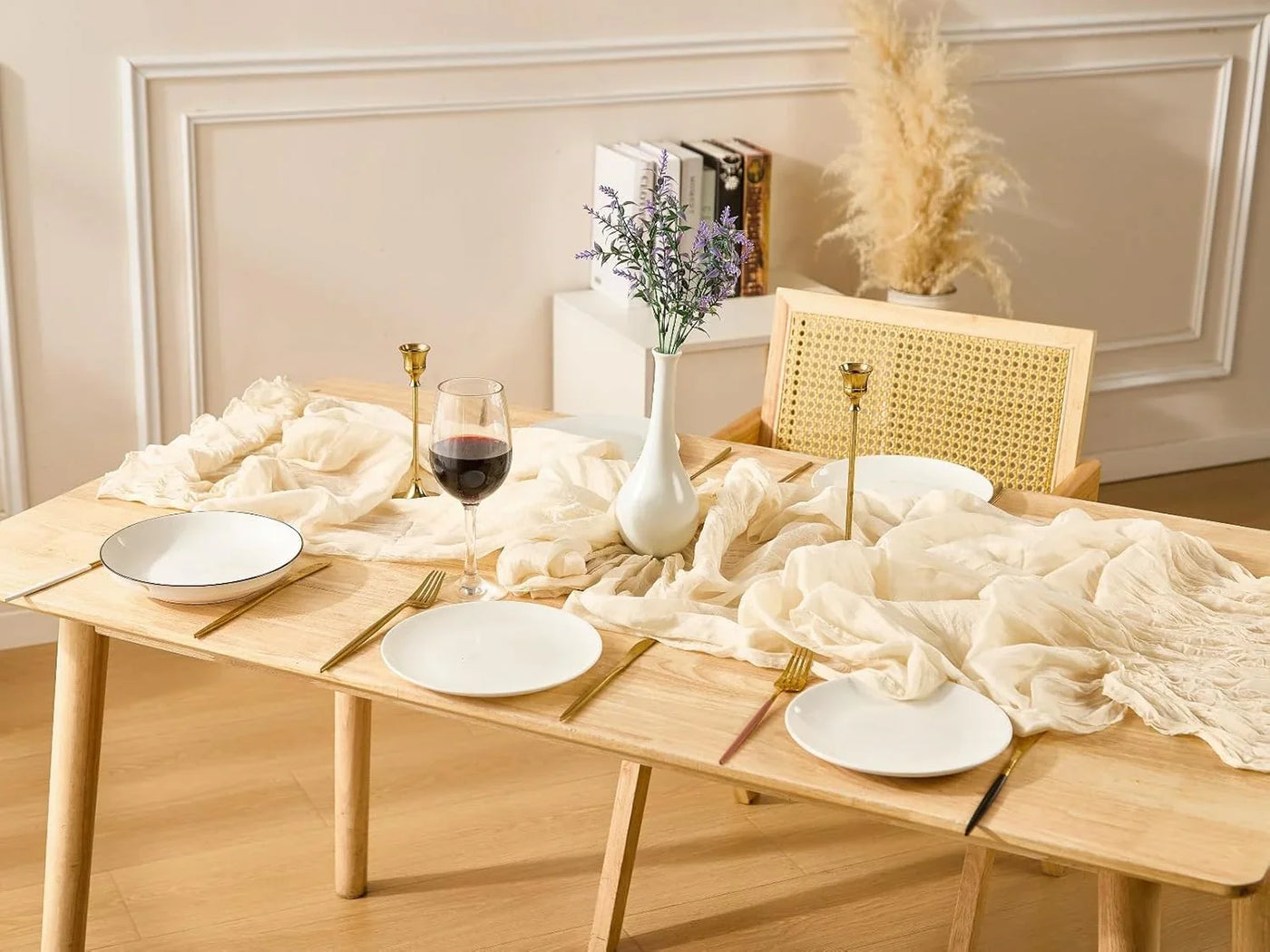 3 Pack Beige Spring Table Runner Boho Cheesecloth Table Runners Bulk 10 Ft Crinkled Gauze Sheer Mother'S Day Table Centerpieces for Wedding Ceremony Anniversary Bridal Baby Shower Banquet