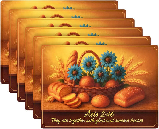Bible Verse Placemats, Acts 2 46, Set of 6, Cork Backed Wood Table Mats, Heat Resistant Christian Scripture Dining Decor, Large 15.7 X 11.4 Inch, Durable and Easy to Clean