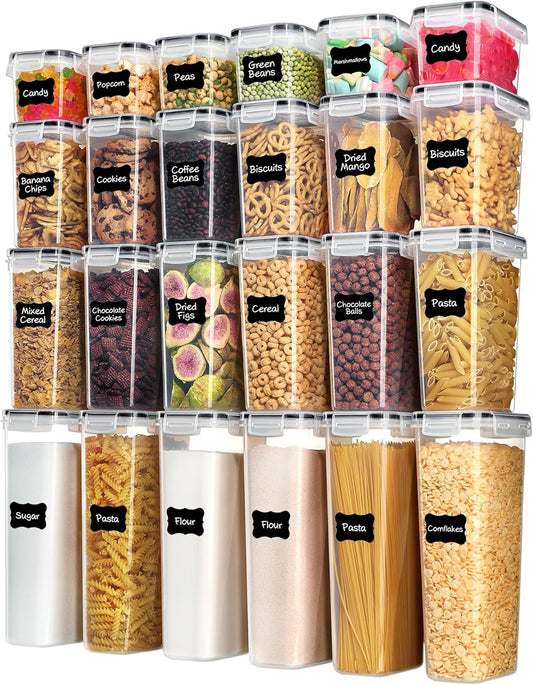 Airtight Food Storage Containers with Lids,  24 Pcs Plastic Kitchen and Pantry Organization Canisters for Cereal, Dry Food, Flour and Sugar, BPA Free, Includes 24 Labels，Black