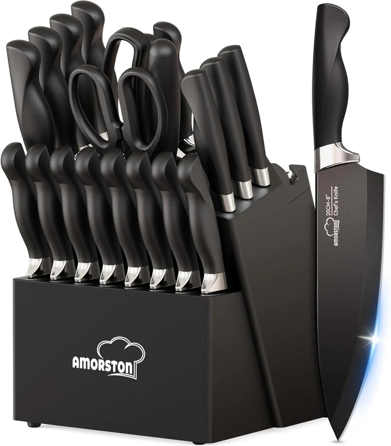 Knife Set,  21 Pieces Kitchen Knife Set with Block and Sharpener, Ultra-Sharp Knives Set with Ergonomic Handles, Black German Stainless Steel Knife Block Set, Dishwasher Safe