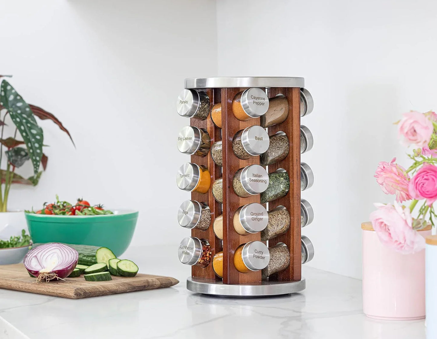 20 Jar Rotating Dark Acacia Wood Spice Rack with Spices Included & 5-Year Spice Refill Program – Rustic Wood Countertop Spice Rack with Glass Jars