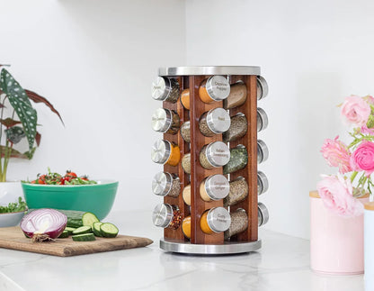 20 Jar Rotating Dark Acacia Wood Spice Rack with Spices Included & 5-Year Spice Refill Program – Rustic Wood Countertop Spice Rack with Glass Jars
