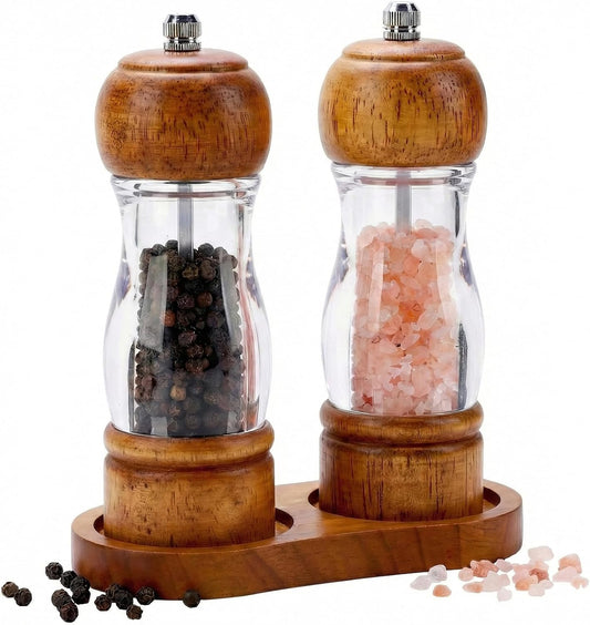 Salt and Pepper Grinder Set Wood and Acrylic - 6.3 Inch Oak Pepper Mill with Visible Window & Storage Tray - Adjustable Coarseness Ceramic Rotor, Manual Spice Grinders for Kitchen Table