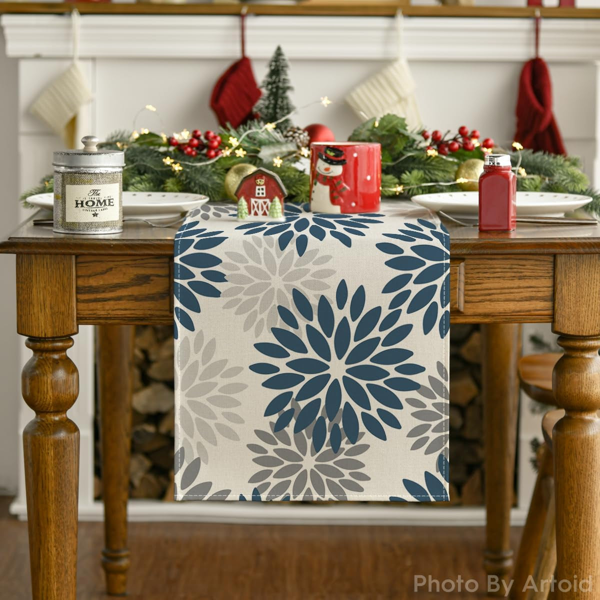 Dahlia Aqua Floral Pinnata Flower Summer Table Runner, Seasonal Winter Holiday Kitchen Dining Table Decoration for Home Party Decor 13X72 Inch