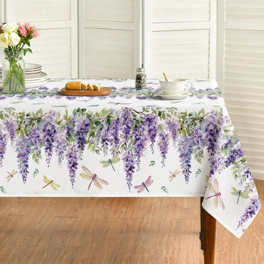 Spring Tablecloth 60×84 Inch Rectangular, Purple Wisteria Dragonfly Leaves Washable Seasonal Table Cover for Party Picnic Dinner Decor