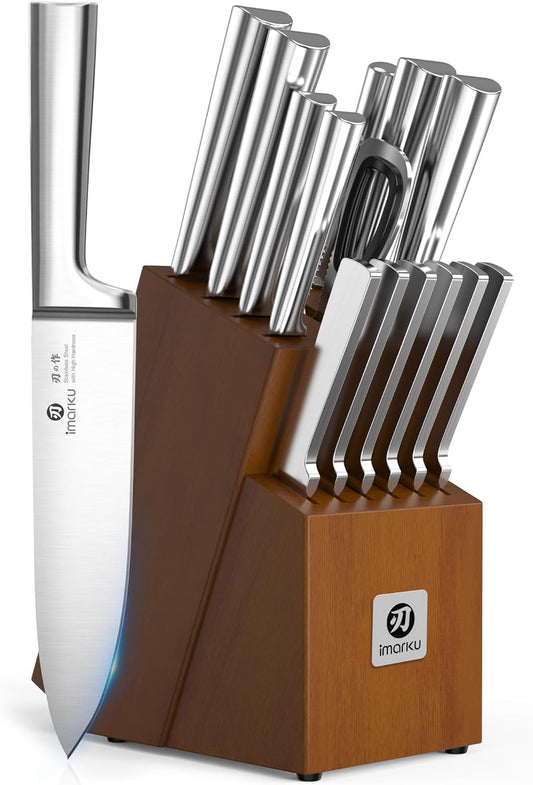 Knife Set - Kitchen Knife Set 15 Pieces Japanese Stainless Steel Knife Block Set with Sharpener - Dishwasher Safe Kitchen'S Knives - Ultra Sharp Chef Knife Set for Kitchen