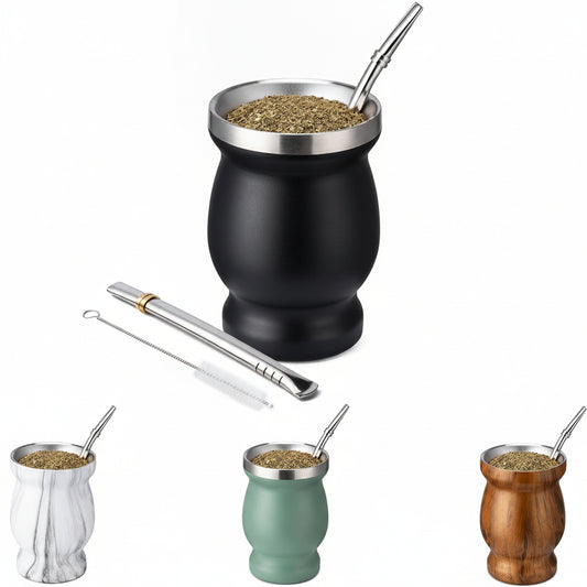 8Oz Yerba Mate Cup, 304 Stainless Steel Double-Wall Mate Cup, Heat Insulation Yerba Mate Gourd, Tea Cup Set Includes Cleaning Brush & 2 Bombillas (Black)