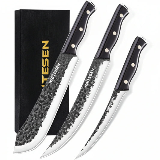 Professional Butcher Knife Set 3, Bullnose Meat Carving Knife Breaking Knife Boning Knife Hand Forged Very Sharp for Meat Cutting Home Kitchen Cooking BBQ Gifts for Men Women