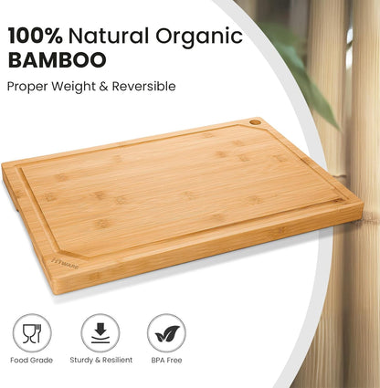 Extra Large Bamboo Cutting Board for Kitchen, Heavy Duty Wood Cutting Board with Juice Groove, 100% Organic Bamboo, Pre Oiled, 18" X 12"