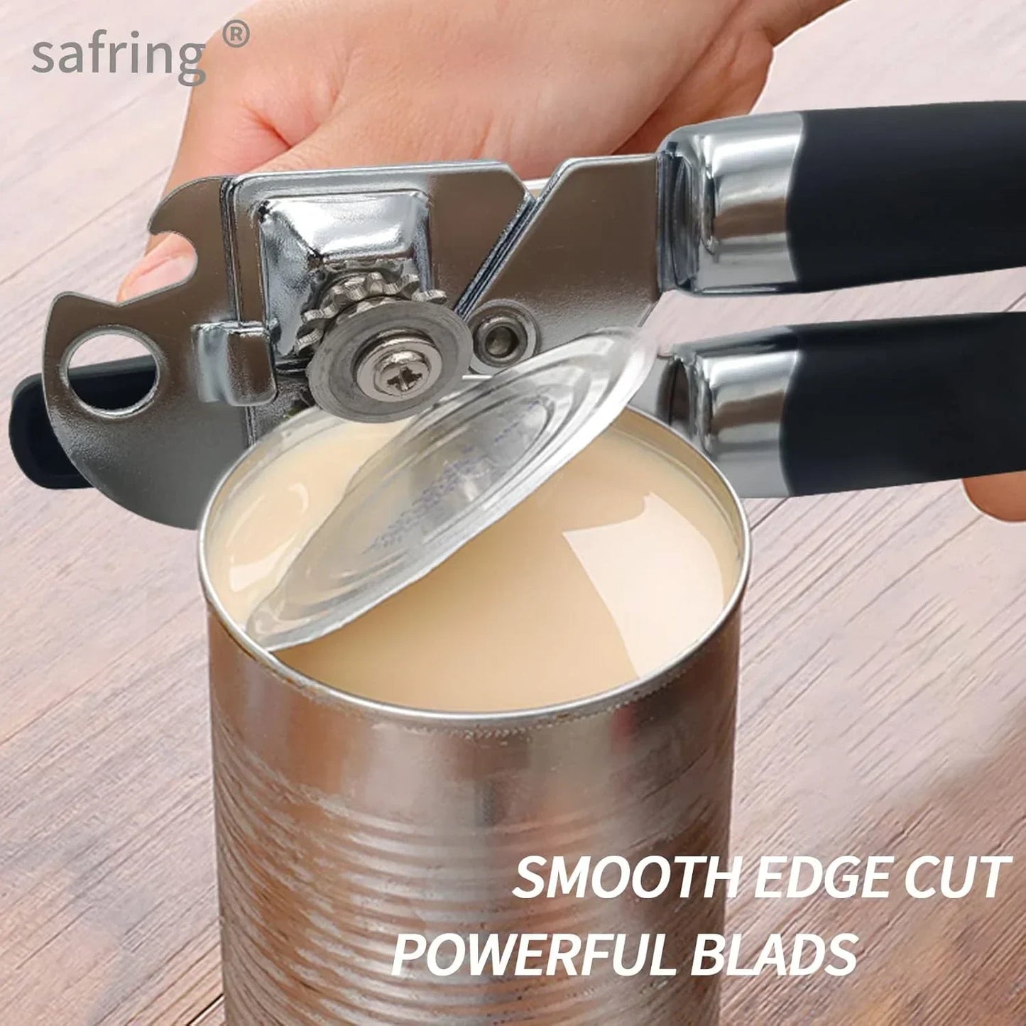 Can opener with smooth edge cut and powerful blades opening a can