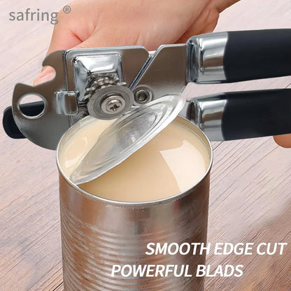 Can opener with smooth edge cut and powerful blades opening a can