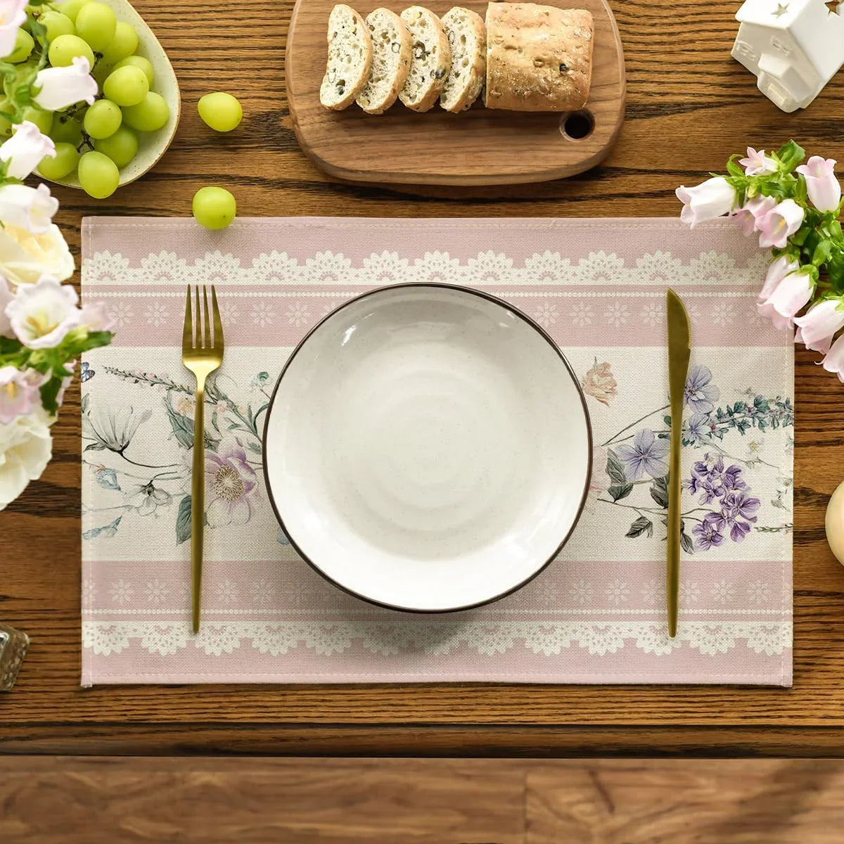 Pink Printed Lace Floral Spring Placemats Set of 4, 12X18 Inch Seasonal Summer Holiday Table Mats for Party Kitchen Dining Decoration